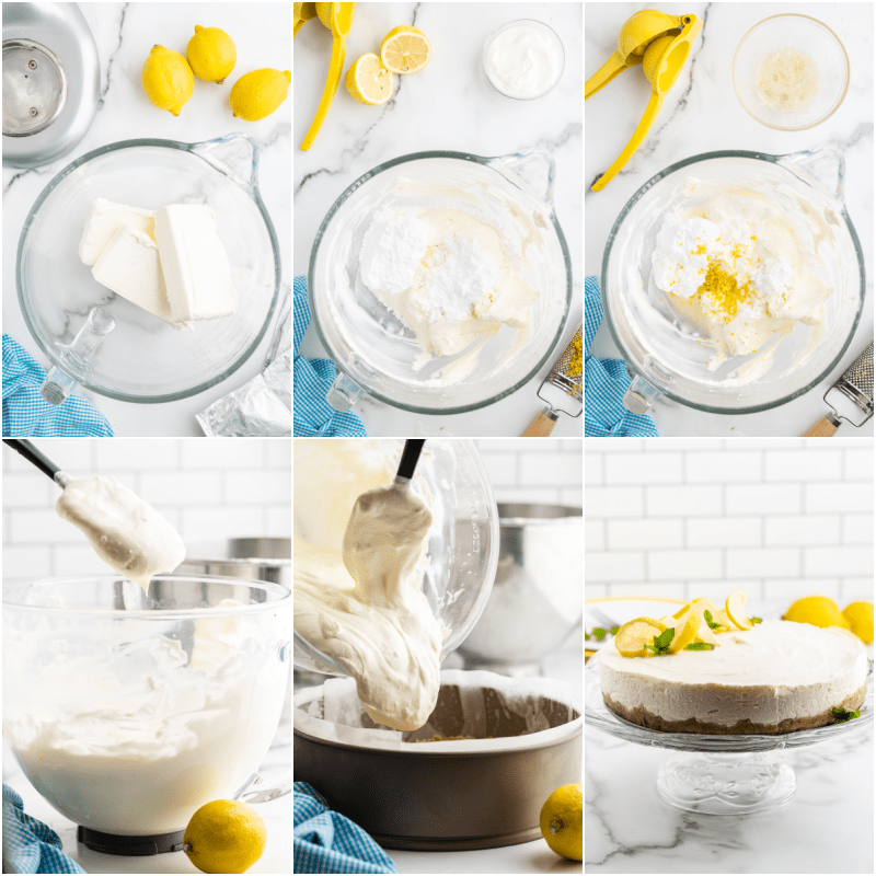 Six more photos of the process of making a keto no-bake lemon cheesecake.