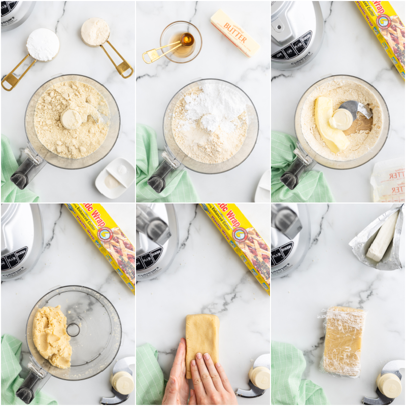 Six photos of making the cookie portion of Keto Cheesecake Mummy Cookies.