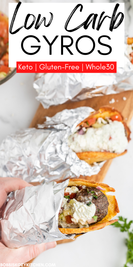 Low Carb Gyros - This low carb twist on a traditional gyro is gluten-free and delicious. Made with ground beef or ground lamb, this easy-to-make recipe brings that authentic taste of Greece without having to leave your kitchen.  #keto #lowcarb #glutenfree #whole30 #groundbeef #beef #lamb #greek #sandwich