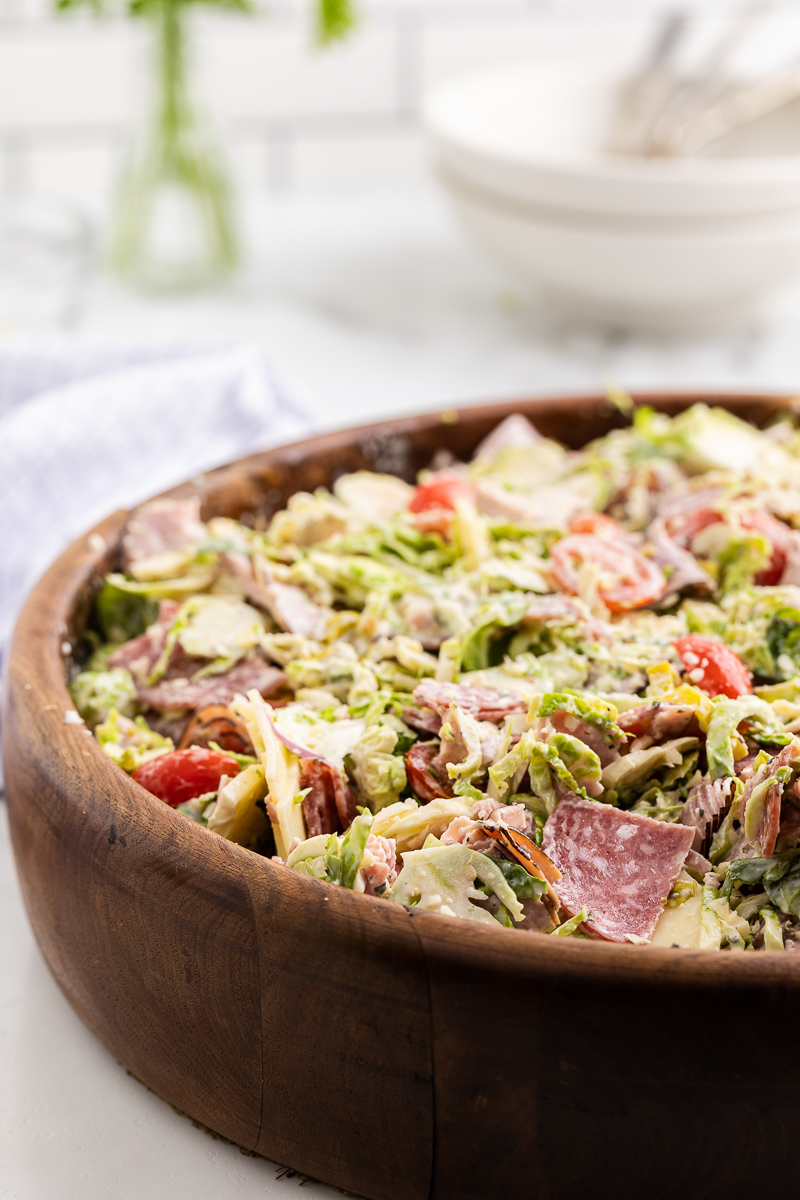 Italian Grinder Salad in a wooden salad bowl.