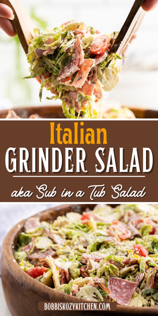 Pinterest graphic with images of Italian grinder salad on it.