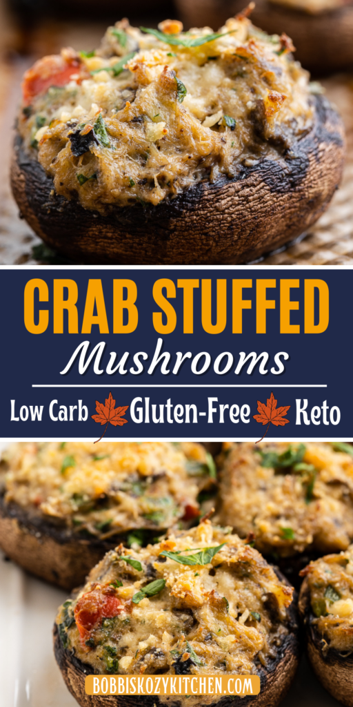 Pinterest graphic with images of keto crab stuffed mushrooms on it.