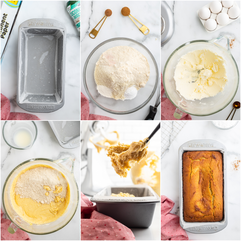 Six photos of the process of making Keto Eggnog Pound Cake.
