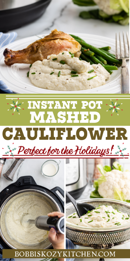 Instant Pot Creamy Garlic Mashed Cauliflower - This Instant Pot Mashed Cauliflower is creamy and buttery and full of delicious garlic flavor. It is the perfect low carb and keto substitute for mashed potatoes and, by making it in the Instant Pot, you save time and dishes! #instantpot #mashed #garlic #cauliflower #keto #lowcarb #easy #thanksgiving #christmas #recipe
