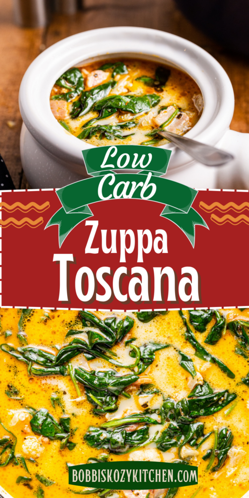 Low Carb Zuppa Toscana - This copycat version of Olive Garden Zuppa Toscana Soup is low carb and gluten-free with keto Italian sausage, bacon, cauliflower, and spinach. It is the perfect hearty soup for the cold fall and winter nights! #lowcarb #keto #glutenfree #soup #italian #sausage #spinach #zuppa #toscana 