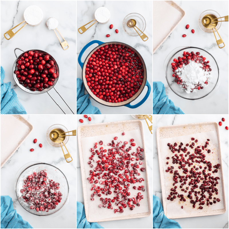 Six photos of the process of making sugar-free dried cranberries.