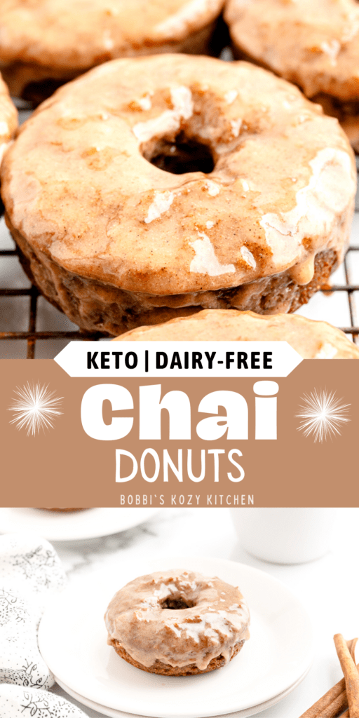 Pinterest graphic with two different photos of keto chai donuts on it.