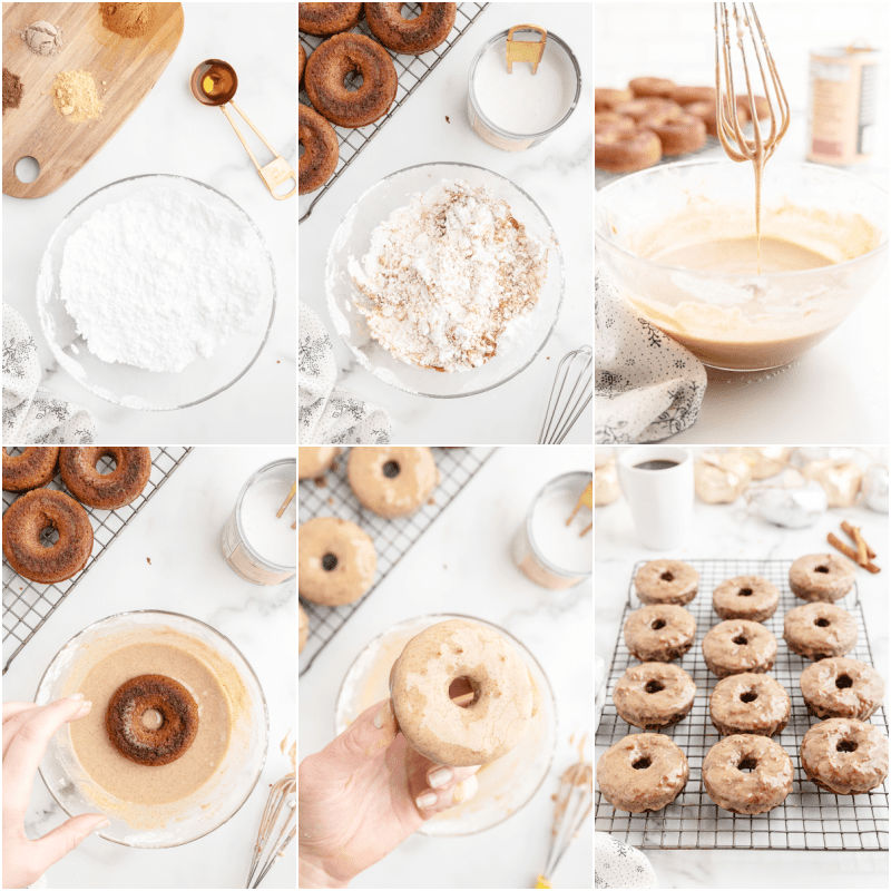 Six photos of the process of making the glaze for, and glazing, keto chai donuts.