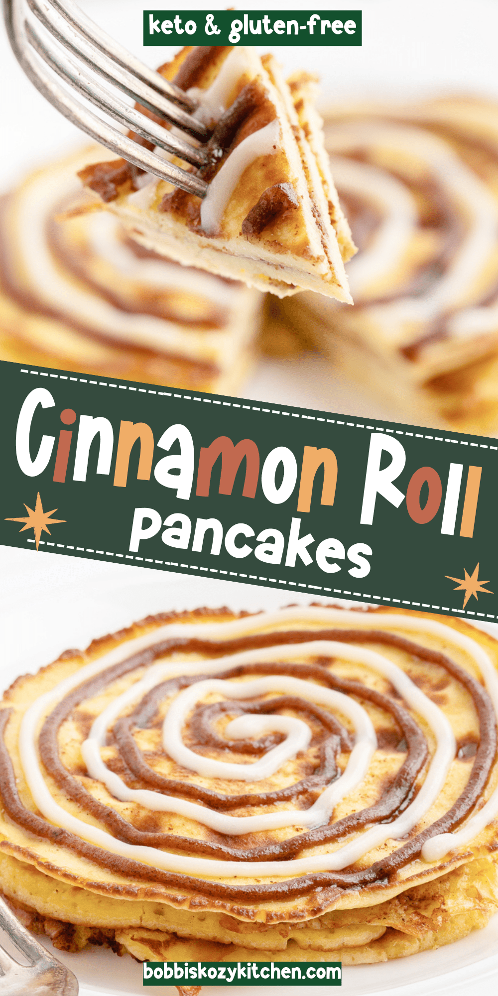 Pinterest graphic with images of keto cinnamon roll pancakes on it.