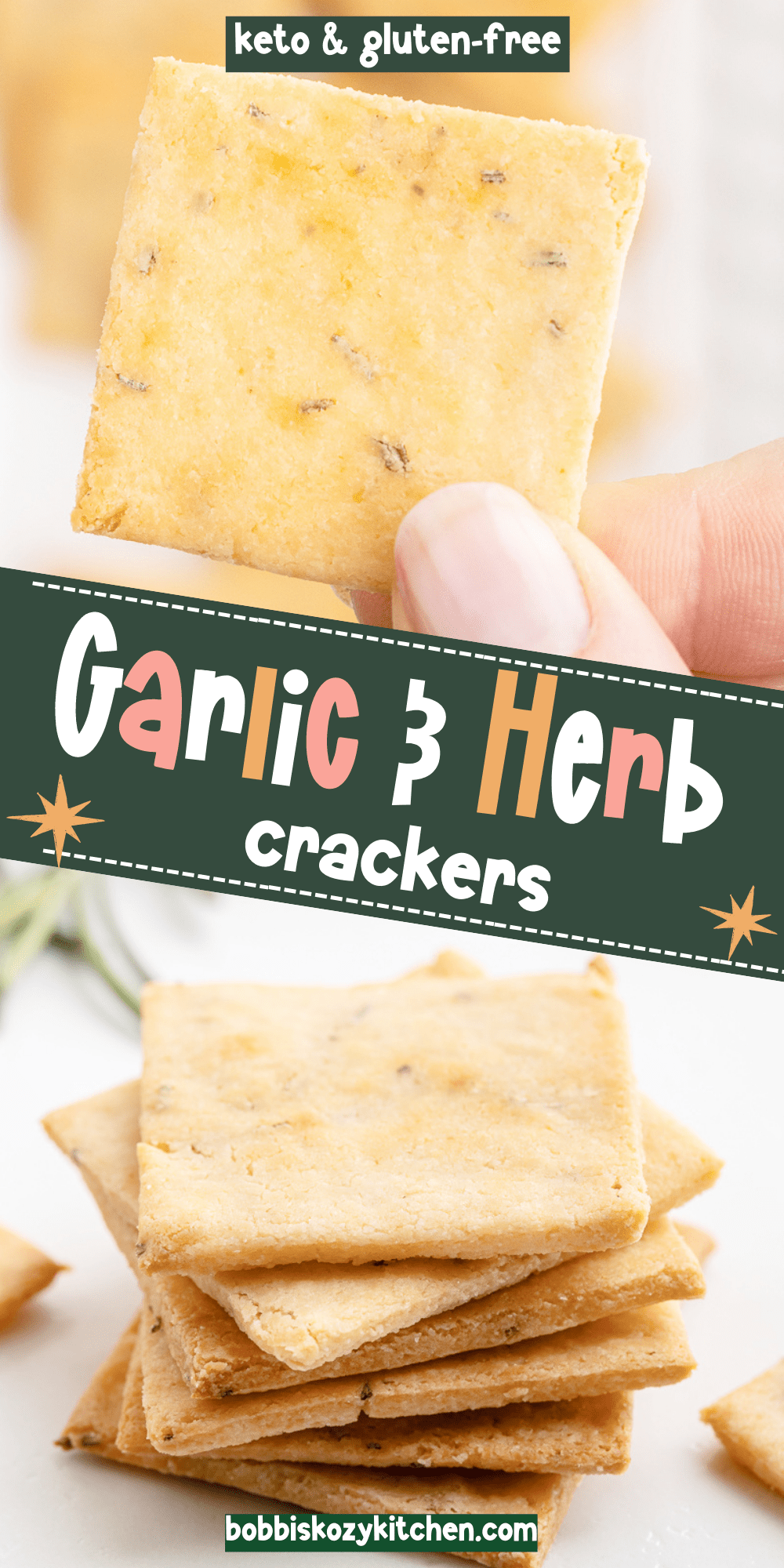 Pinterest graphic with images of keto garlic and herb crackers on it.