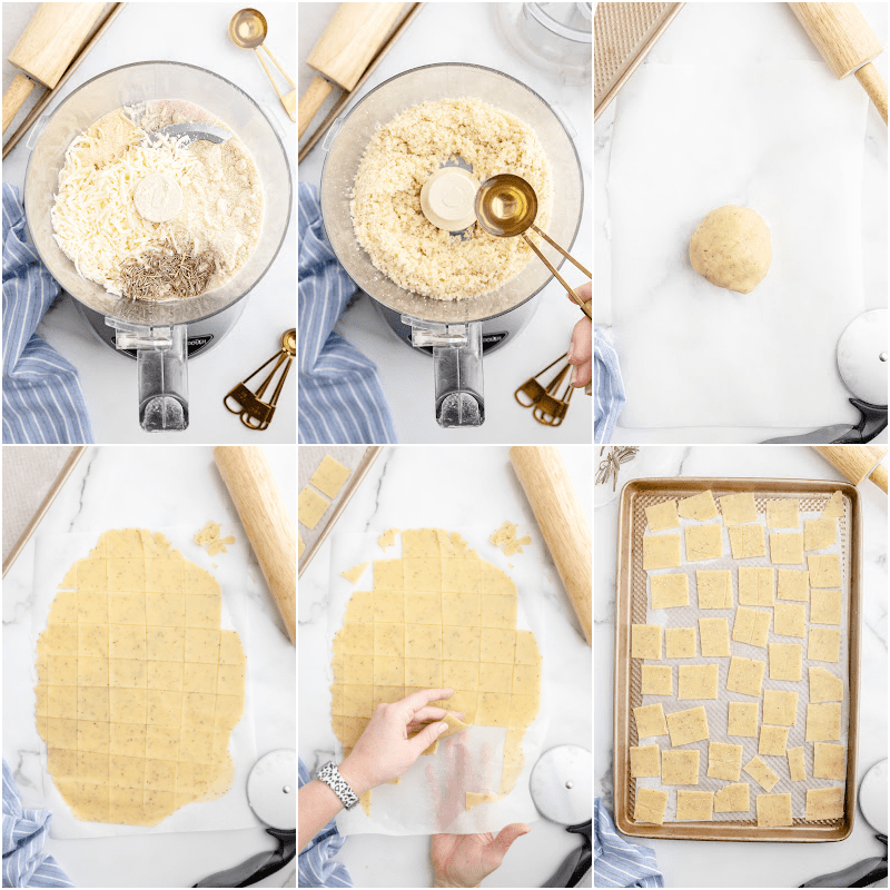 Six photo collage of the steps to make Keto Garlic and Herb Crackers.
