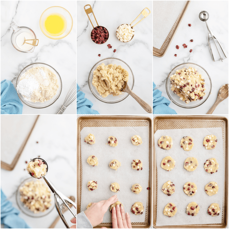 Six photos of the process of making keto white chocolate cranberry cookies.