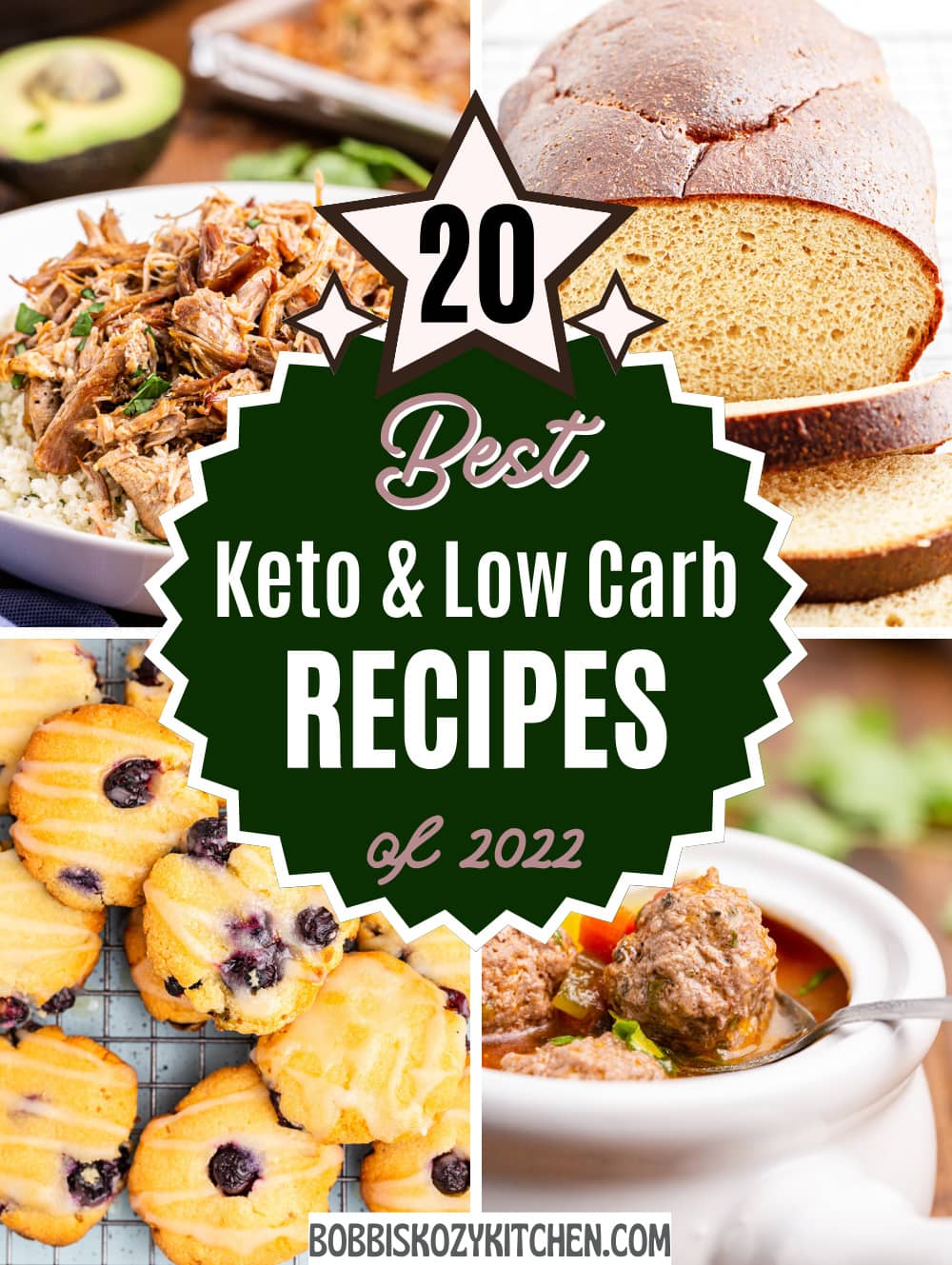 Photo collage of 4 images of the top keto recipes of 2022 on bobbiskozykitchen.com.