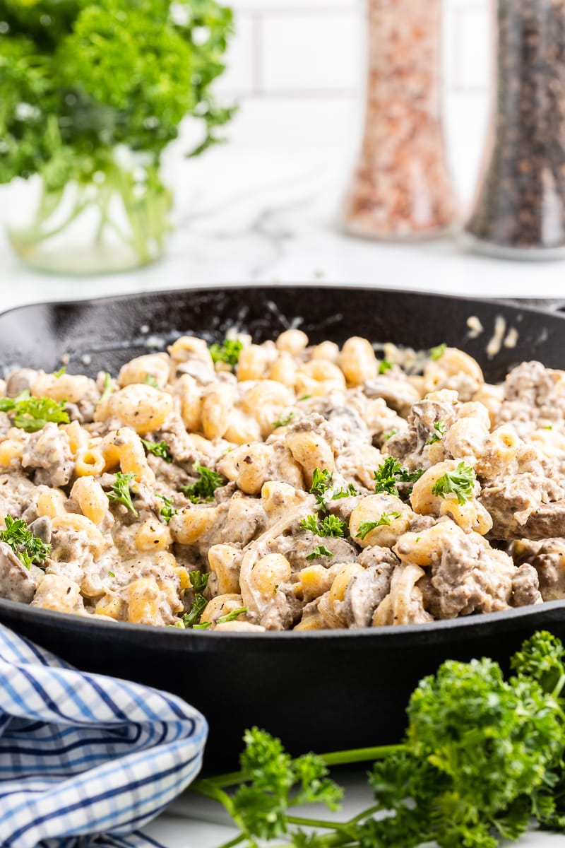 Low carb mushroom Swiss cheeseburger pasta in a cast iron skillet.