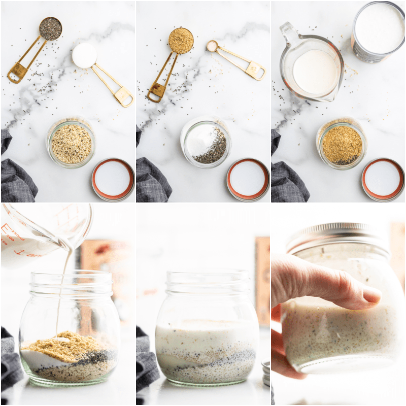 Photo collage of six photos showing the process of making keto oatmeal.