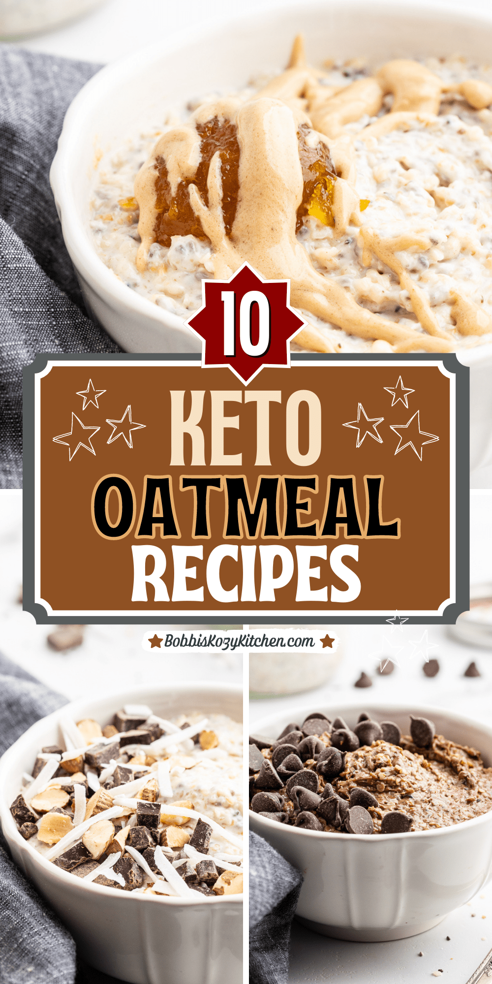 Pinterest graphic with images of keto oatmeal on it.