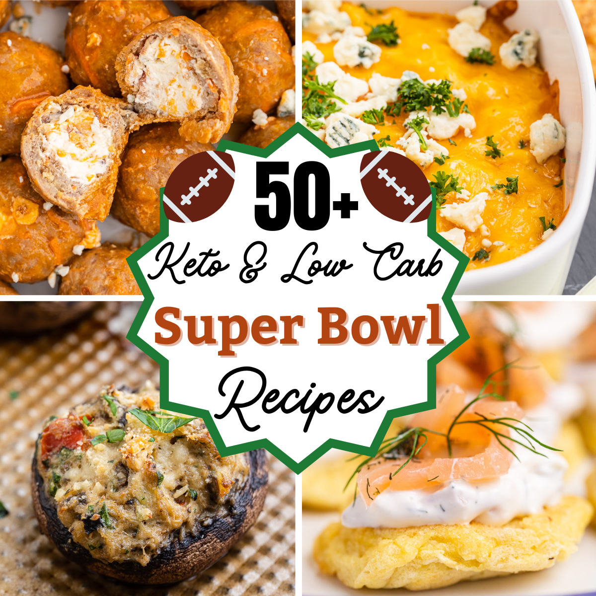 Photo collage with 4 photos of keto and low carb super bowl recipe ideas.