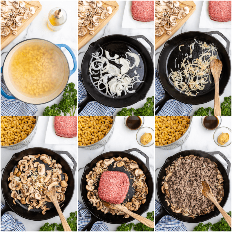 Six photos of the process of making low carb swiss mushroom cheeseburger pasta.