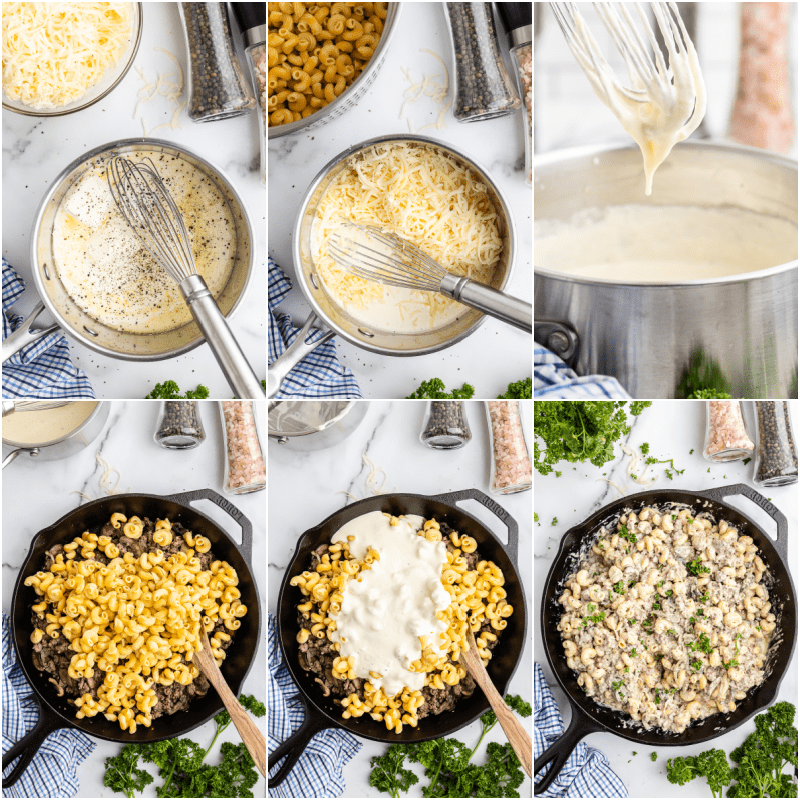 Six more photos of the process of making low carb swiss mushroom cheeseburger pasta.