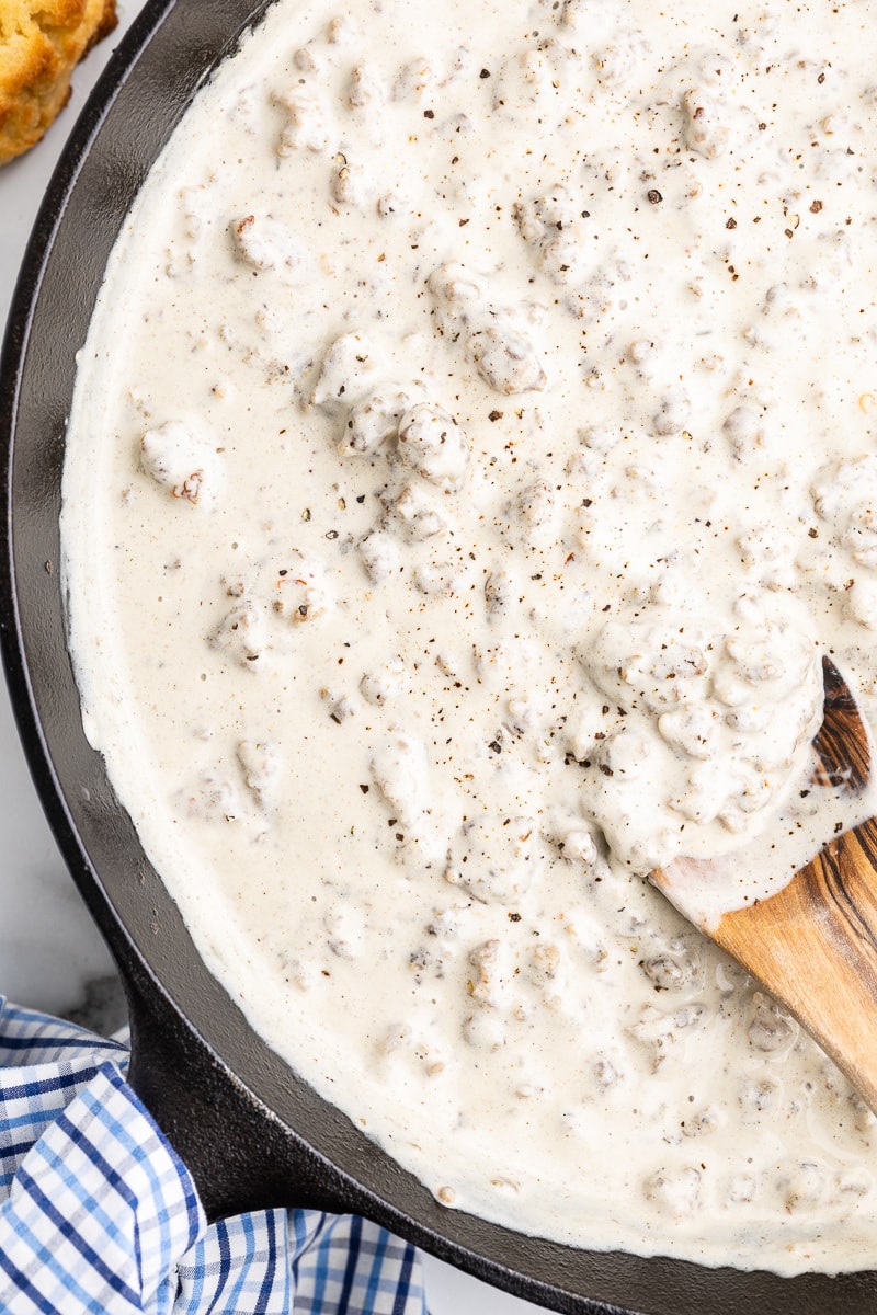 overhead view of keto sausage gravy in a skillet.