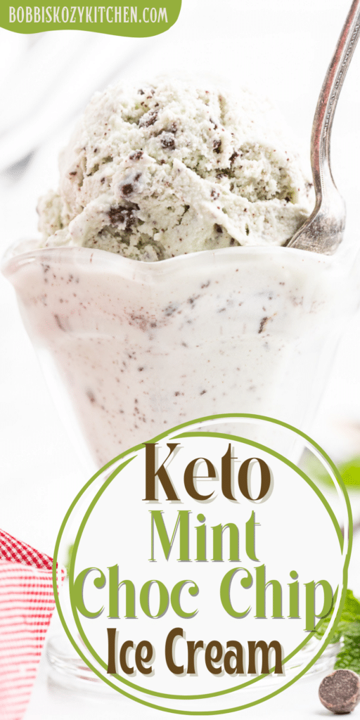Pinterest pin with a closeup of a glass ice cream dish full of Keto Mint Chocolate Chip Ice Cream and a silver spoon in it.
