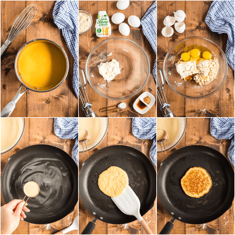 Six photos of the process of making Low Carb Pumpkin Pie Pancakes with Pumpkin Butter.