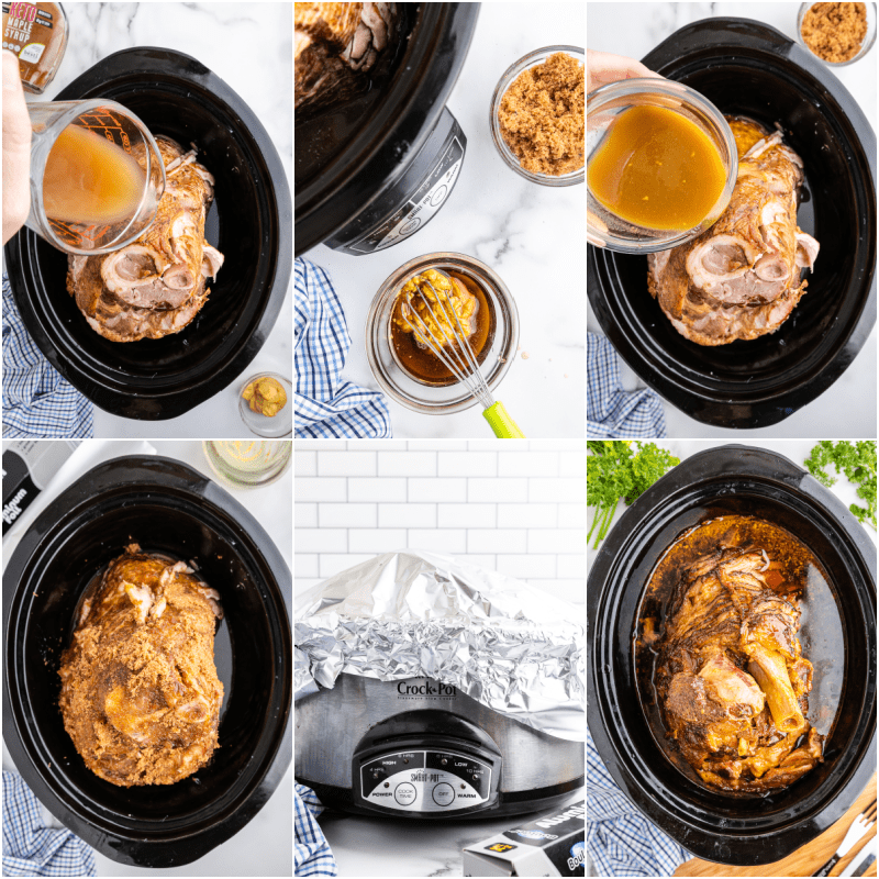 Six photos of the process of making slow cooker maple mustard ham.