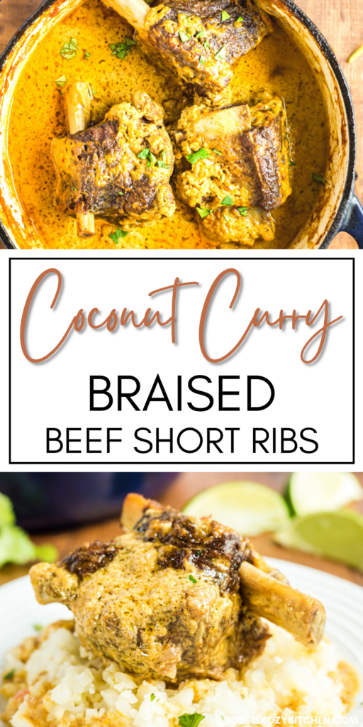 Pinterest graphic with the images of coconut curry beef short ribs on it.
