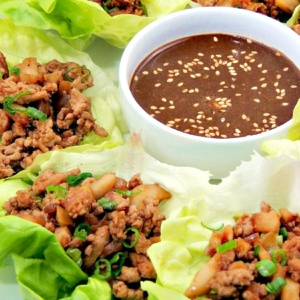 Closeup of Copycat PF Chang's chicken lettuce wraps.