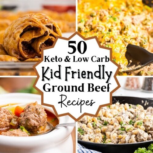 photo collage with 4 photos of keto kid friendly ground beef recipes.