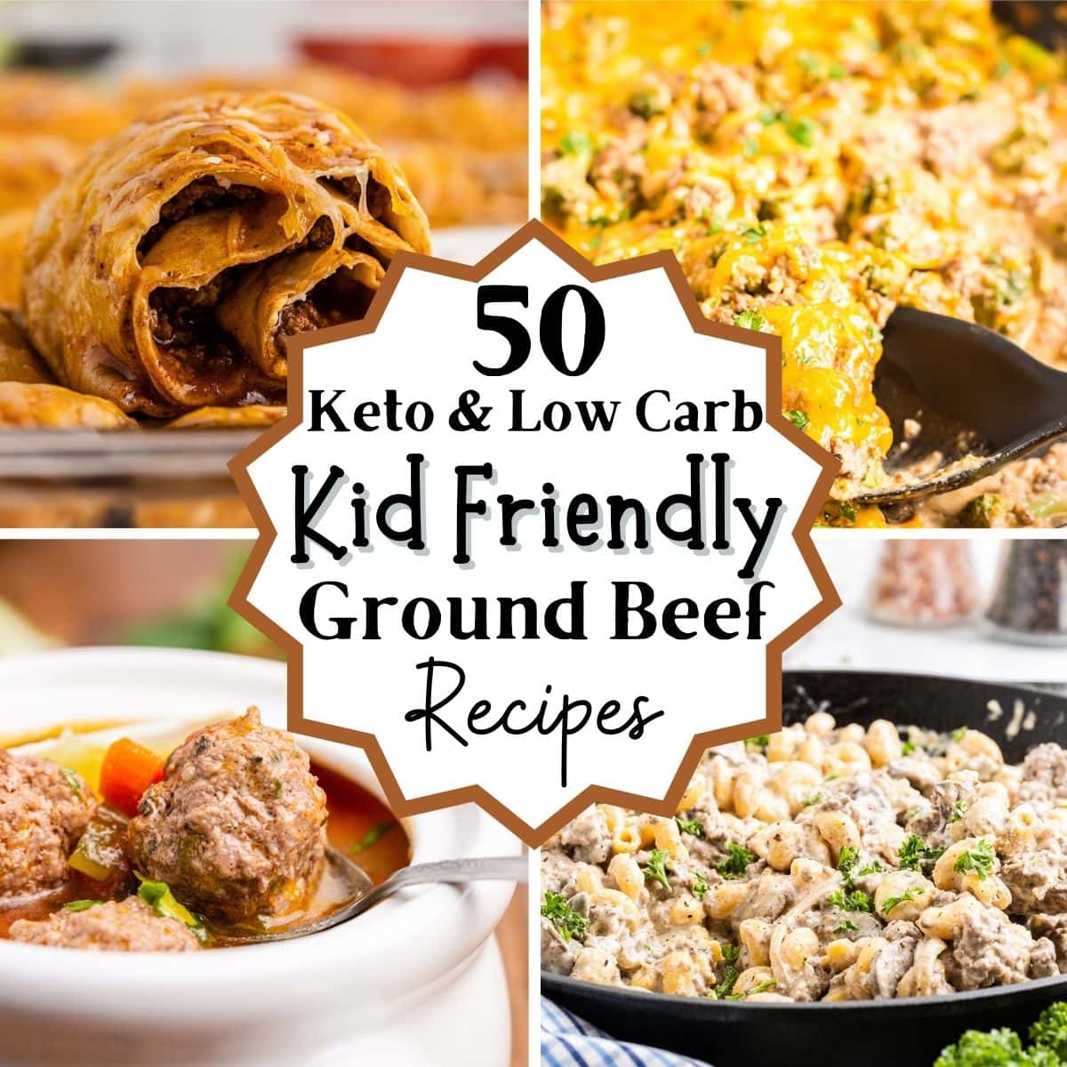 Photo collage with 4 picture of keto kid friendly ground beef recipes in it.