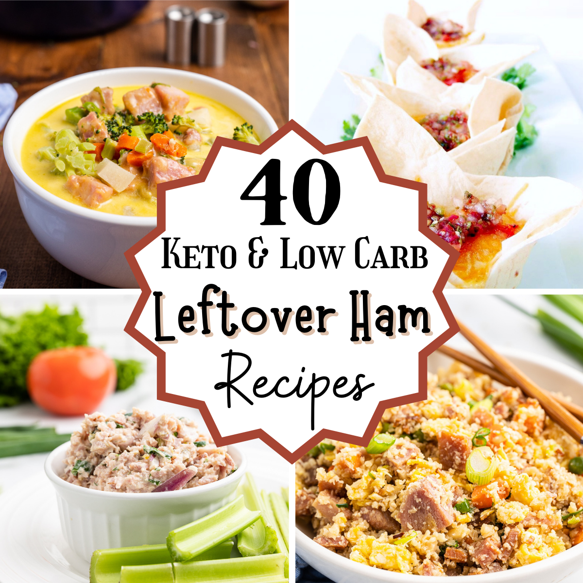 4 photo collage of keto leftover ham recipes.