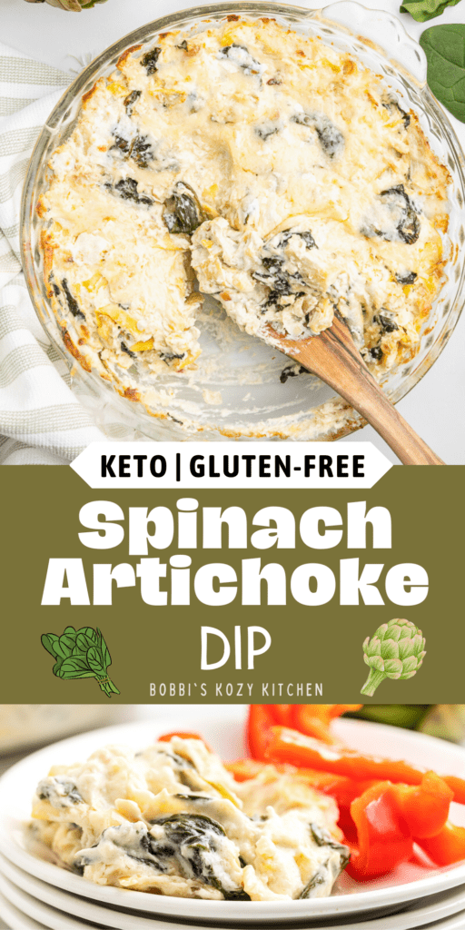 Pinterest graphic with images of keto spinach artichoke dip on it.