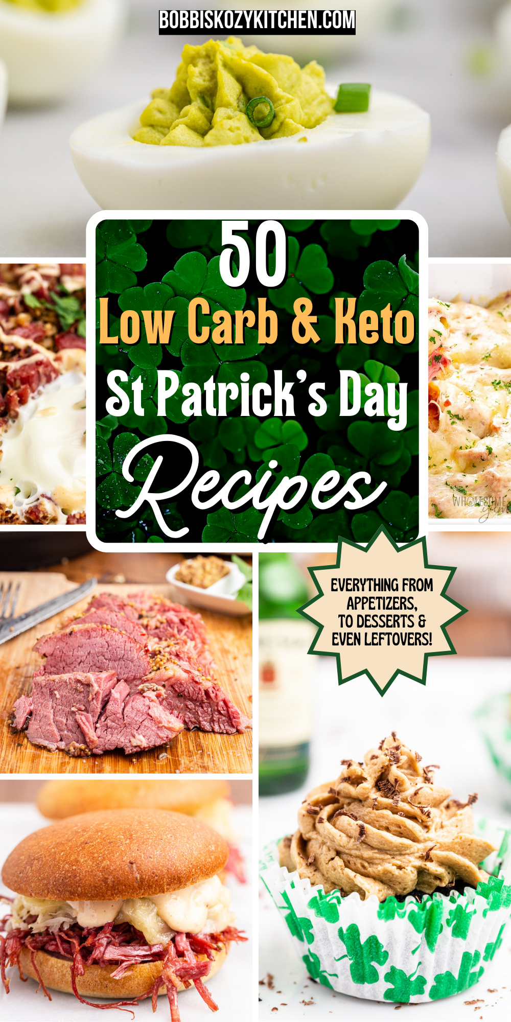 Pinterest graphic with images of low carb and keto St Patrick's Day recipes on it.