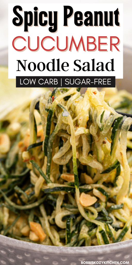 Pinterest graphic with the image of Spicy Peanut Cucumber Noodle Salad in a gray bowl on it.