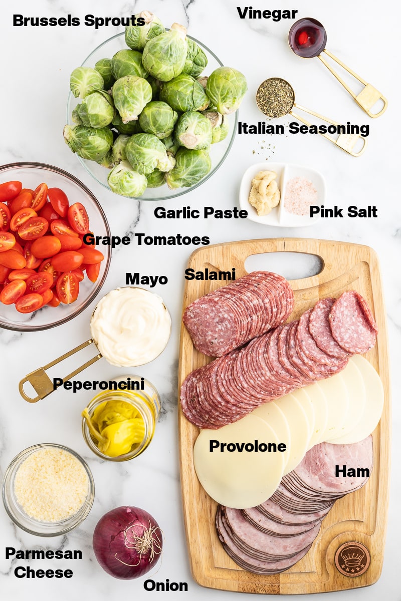 Overhead view of ingredients for Italian Grinder Salad. The dressing ingredients include keto mayo, red wine vinegar, pink sea salt, Italian seasoning, garlic paste, peperoncini peppers and juice, and parmesan cheese. The salad ingredients include Brussels sprouts, salami, ham, provolone cheese, red onion, and grape or cherry tomatoes.