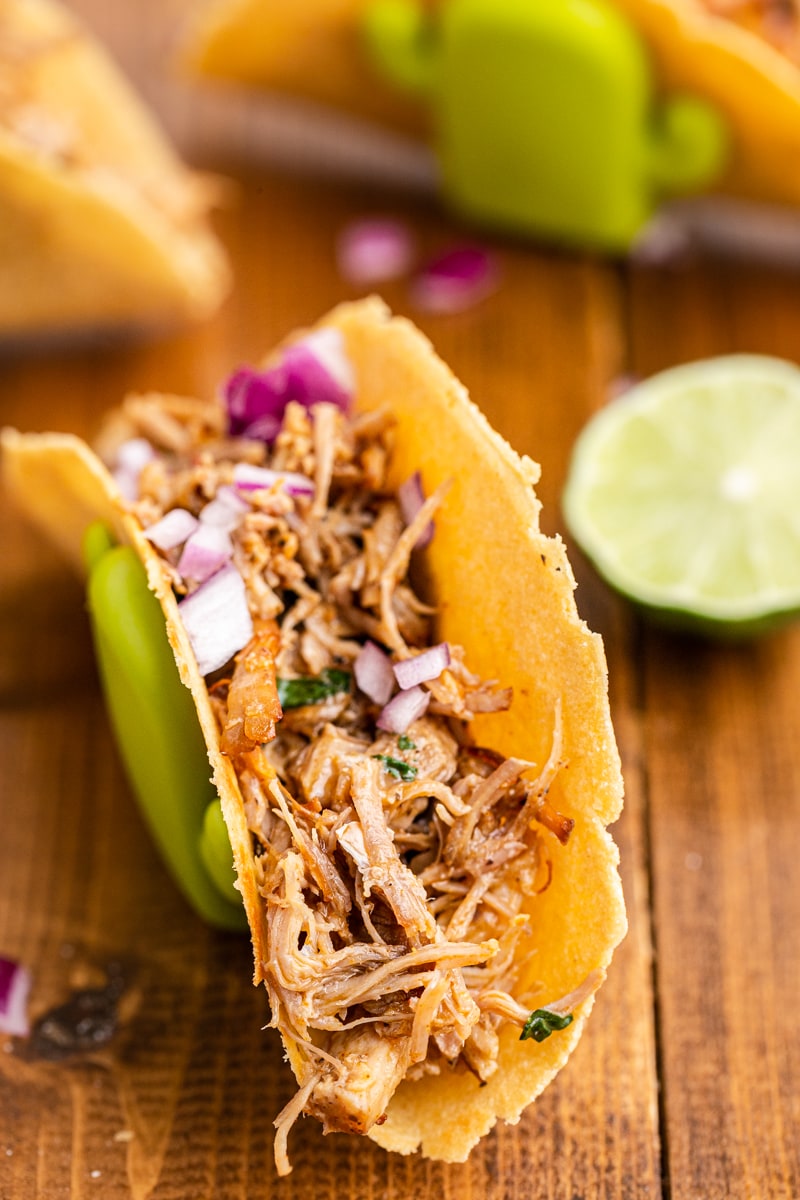 A carnitas taco made with a keto almond flour tortilla in a cactus taco holder for this 60 Drool-worthy Mexican Recipes collection.