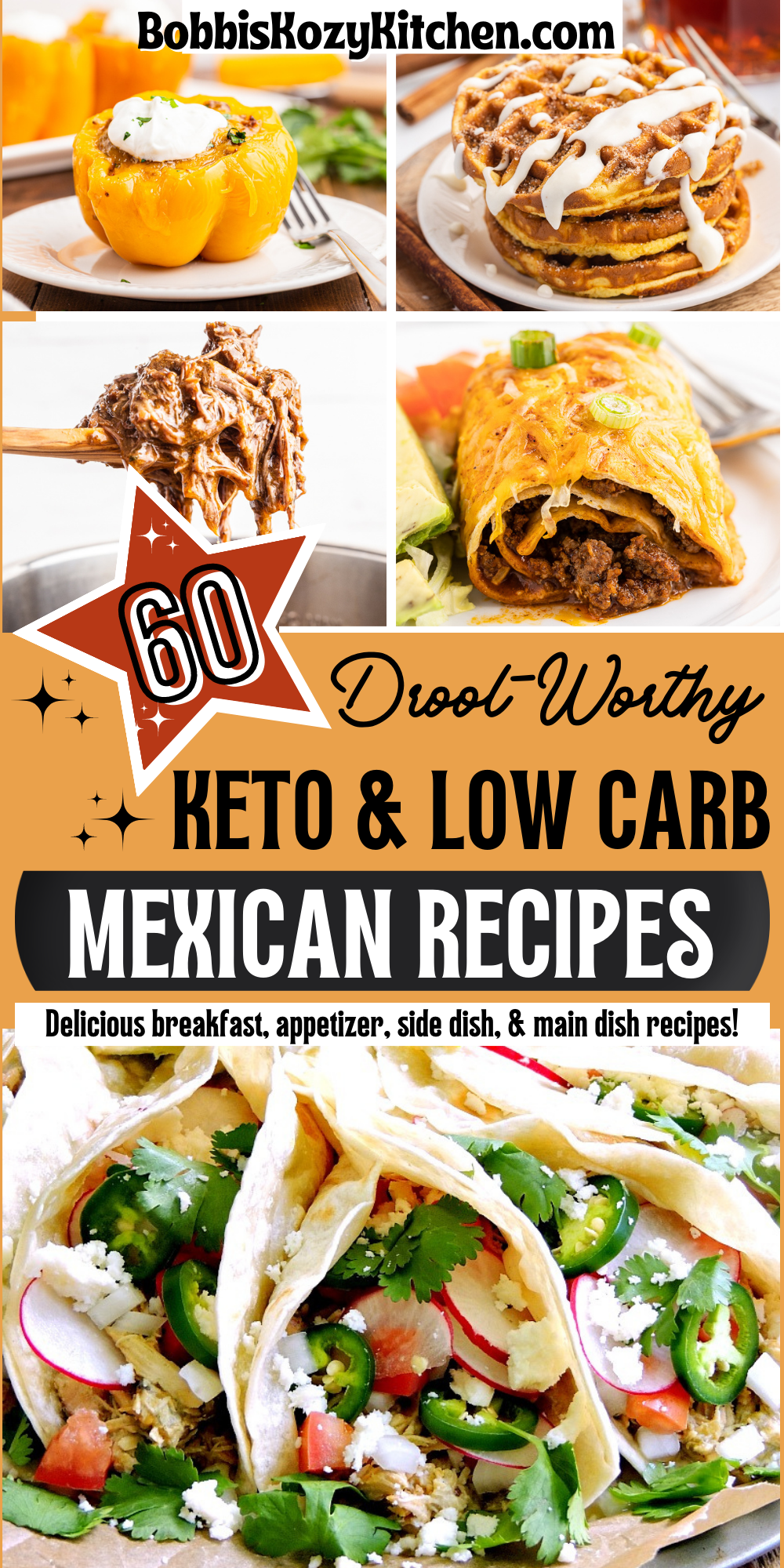 A collage of 5 photos for a 60 Drool-Worthy Keto and Low Carb Recipes collection.