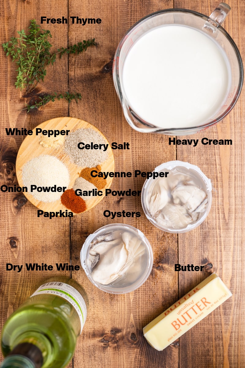 Overhead photo of the ingredients needed to make Low Carb Oyster stew on a wooden table.