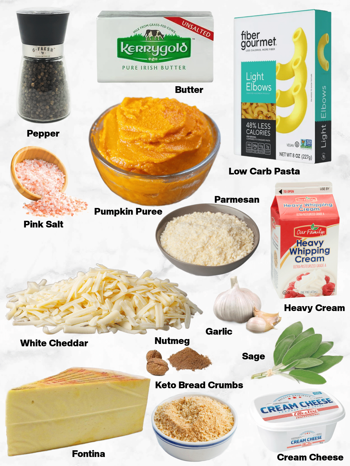 The ingredients needed to make keto 3 cheese pumpkin mac and cheese on a white marble background.