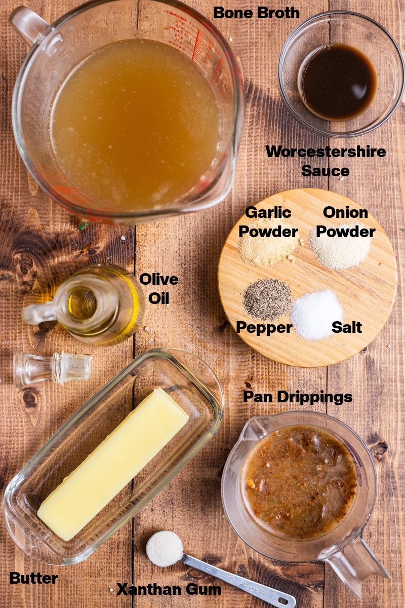 Overhead view of the ingredients needed to make keto gravy on a wooden table.