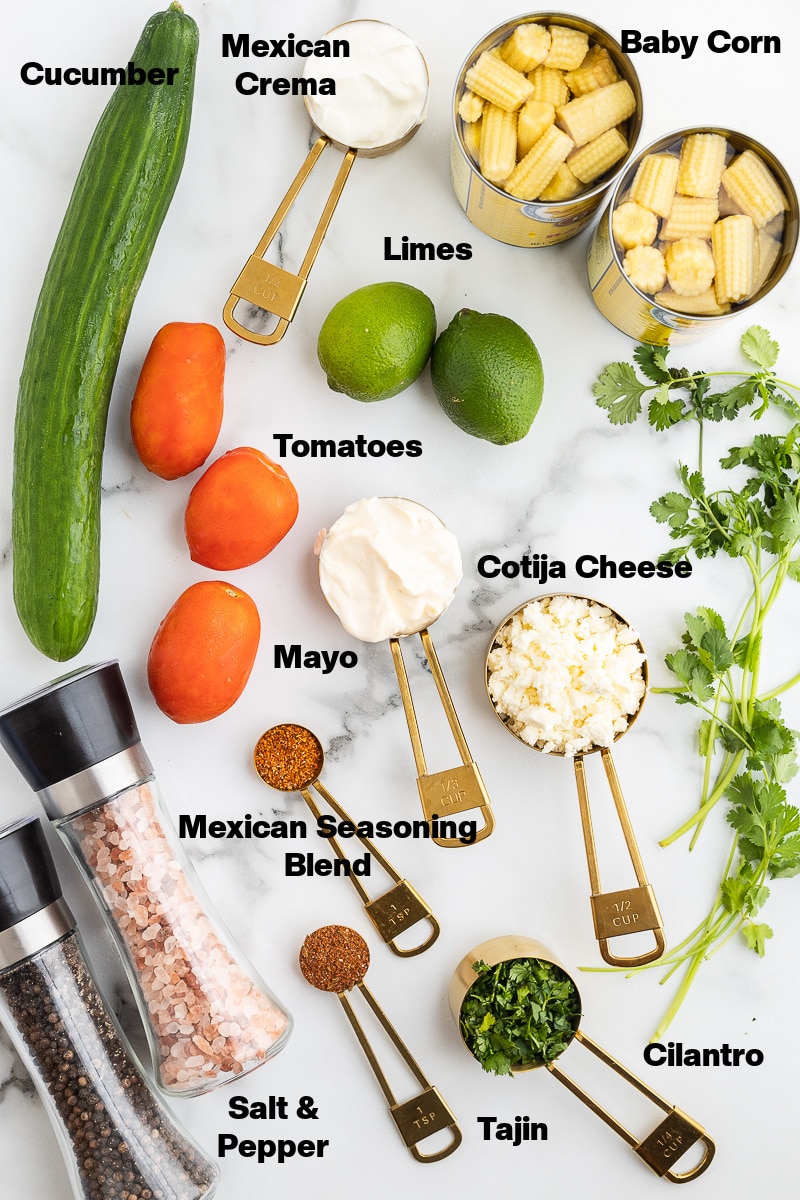 Overhead view of the ingredients needed to make Low Carb Mexican Street Corn Salad on a white counter.