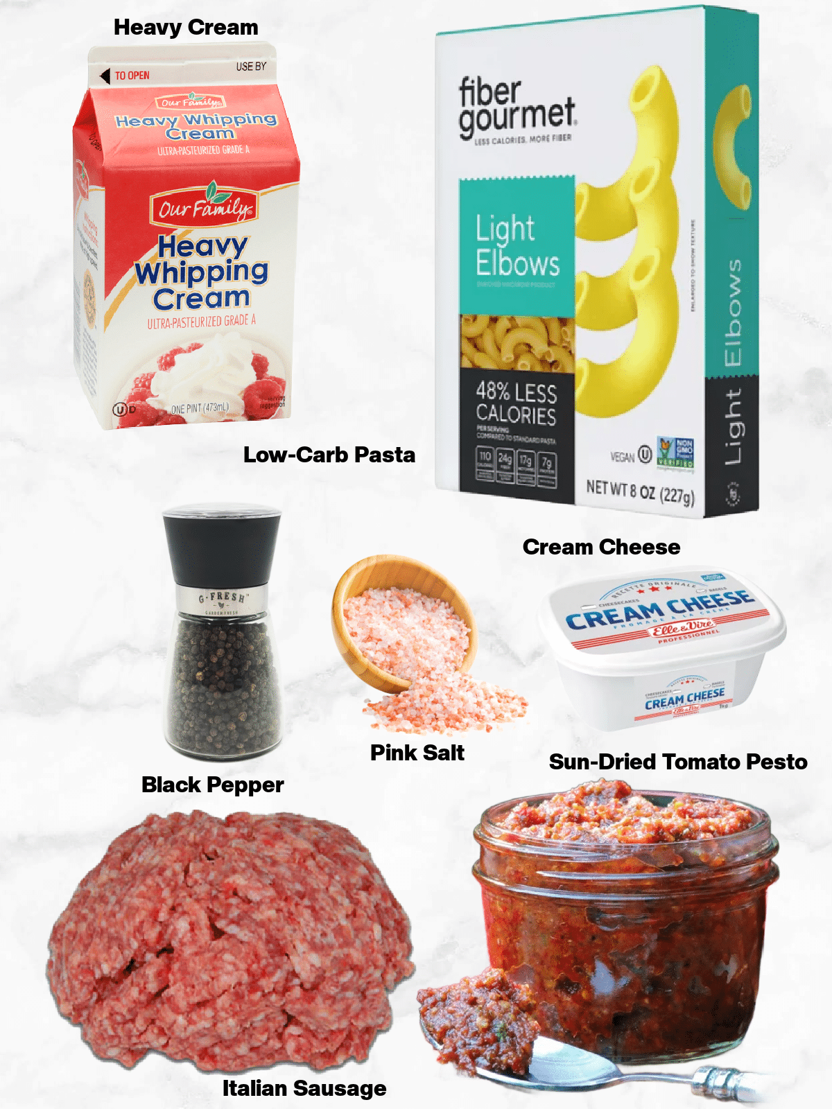 All of the ingredients needed to make Creamy Sun-Dried Tomato Pesto Pasta on a white background.