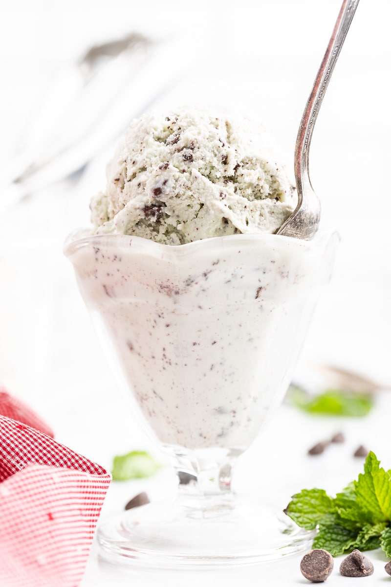 Side view of a glass ice cream cup with keto mint chocolate chip ice cream in it with a silver spoon.