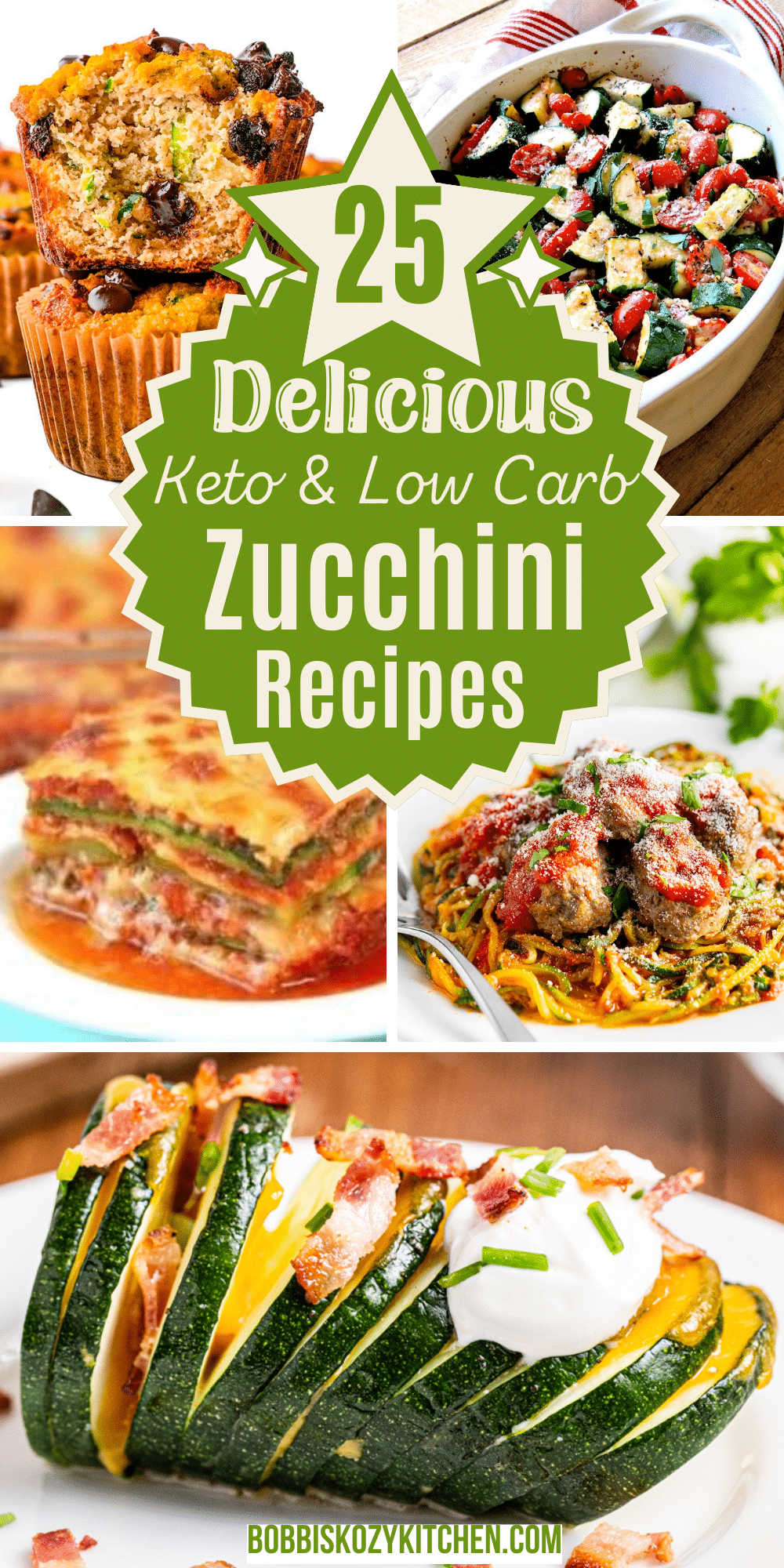 Pinterest pin with a collage of 5 keto zucchini recipes photos.