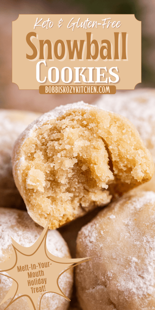 Pinterest pin for keto snowball cookies (gluten-free).
