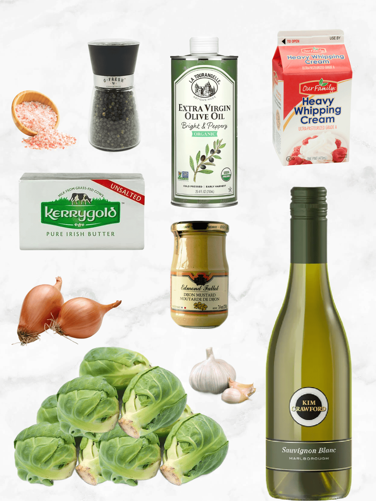 All of the ingredients needed to make White Wine Braised Brussels Sprouts on a white marble background.