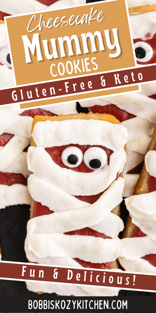 Pinterest pin for Keto Cheesecake Mummy Cookies.