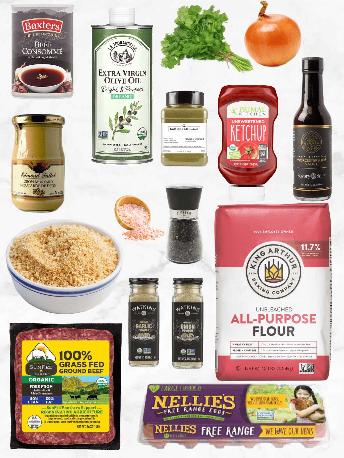 All of th eingredients needed to make easy salisbury steaks on a white marble background.