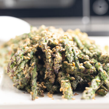 Air fried crispy garlic shrimp (Chinese-style) on a white serving dish.